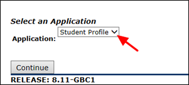 Title: Select an Application Page - Description: A screenshot of the 'Select an Application' page with an arrow pointing to the 'Application' dropdown menu with 'Student Profile selected.