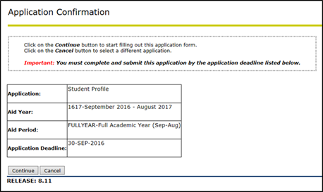 Title: Application Confirmation page - Description: Screenshot of the Application Confirmation page, showing the application name, aid year, aid period, and the application deadline.