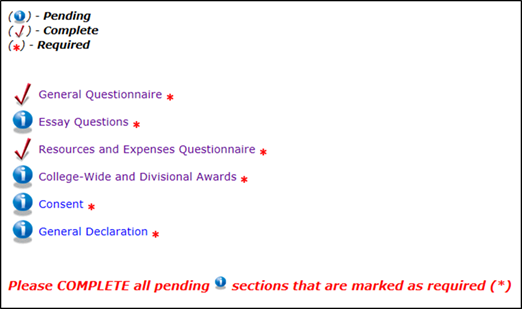 Title: Main Menu of the Student Profile - Description: A screenshot of the Student Profile main menu, showing all required sections. Two sections are marked as complete by a red checkmark and four sections are marked as pending by a blue icon.