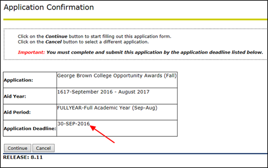 Title: Application Confirmation page - Description: A screenshot of the 'Application Confirmation' page showing the application details for the 'George Brown College Opportunity Awards (Fall)' application, with an arrow pointing to the Application Deadline.