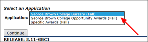 Title: Select an Application page - Description: A screenshot of the 'Select an Application' page with an arrow pointing to the 'Application' dropdown menu. There are 3 applications displayed in the dropdown menu: George Brown College Bursary (Fall); George Brown College Opportunity Awards (Fall); and Specific Awards (Fall).